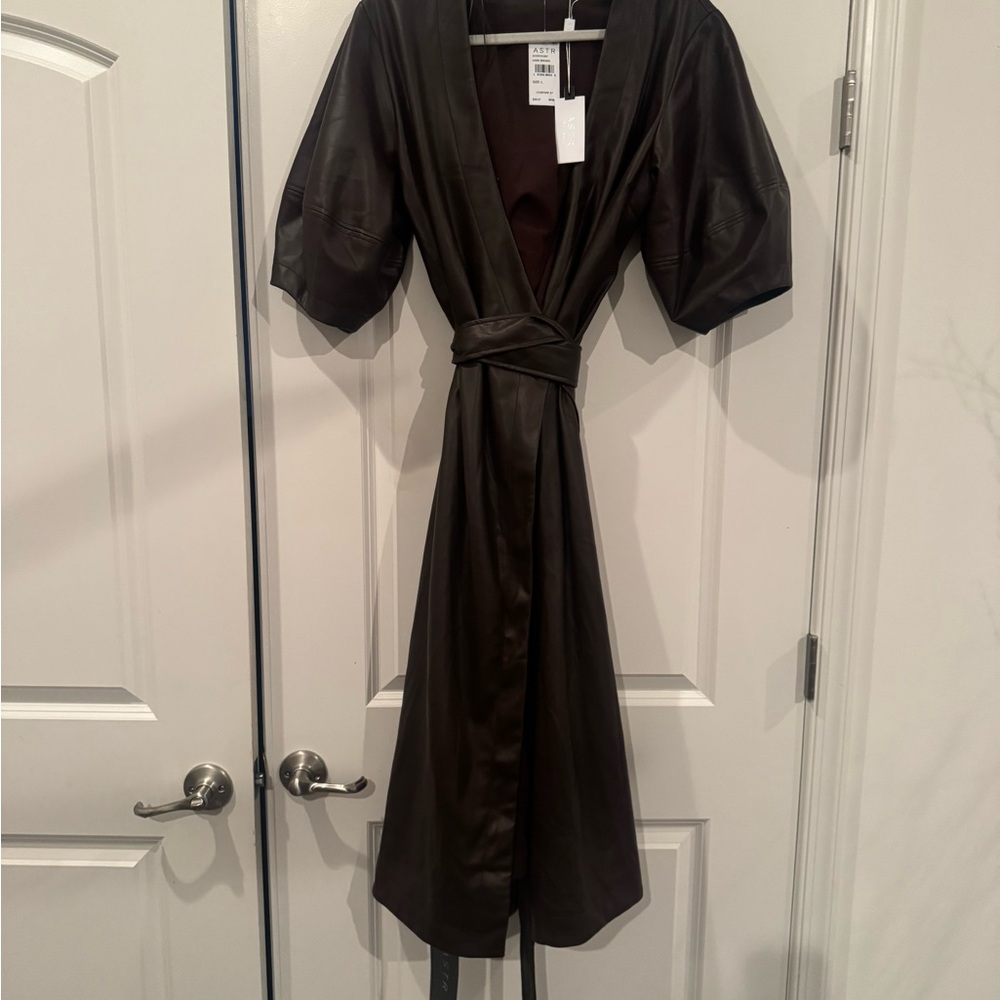 Astr choc brown Faux  Leather Balloon wrap dress Sleeve Dress